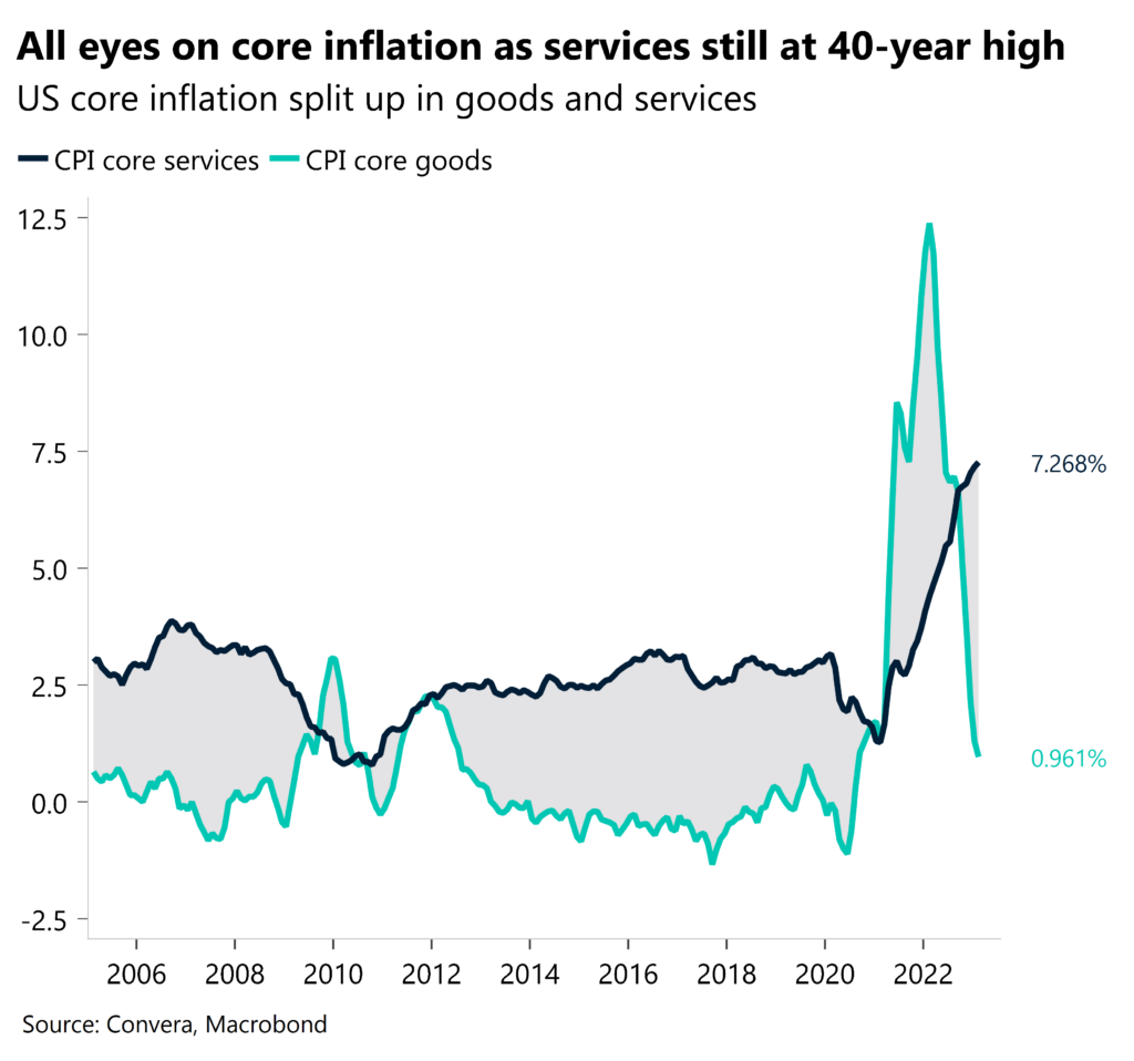 All eyes on core inflation as services still at 40-year high. US core inflation split up in goods and services. 