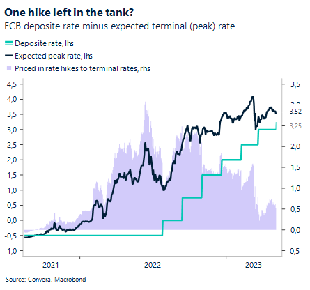 One hike left in the tank? ECB deposit rate minus expected terminal (peak) rate. 