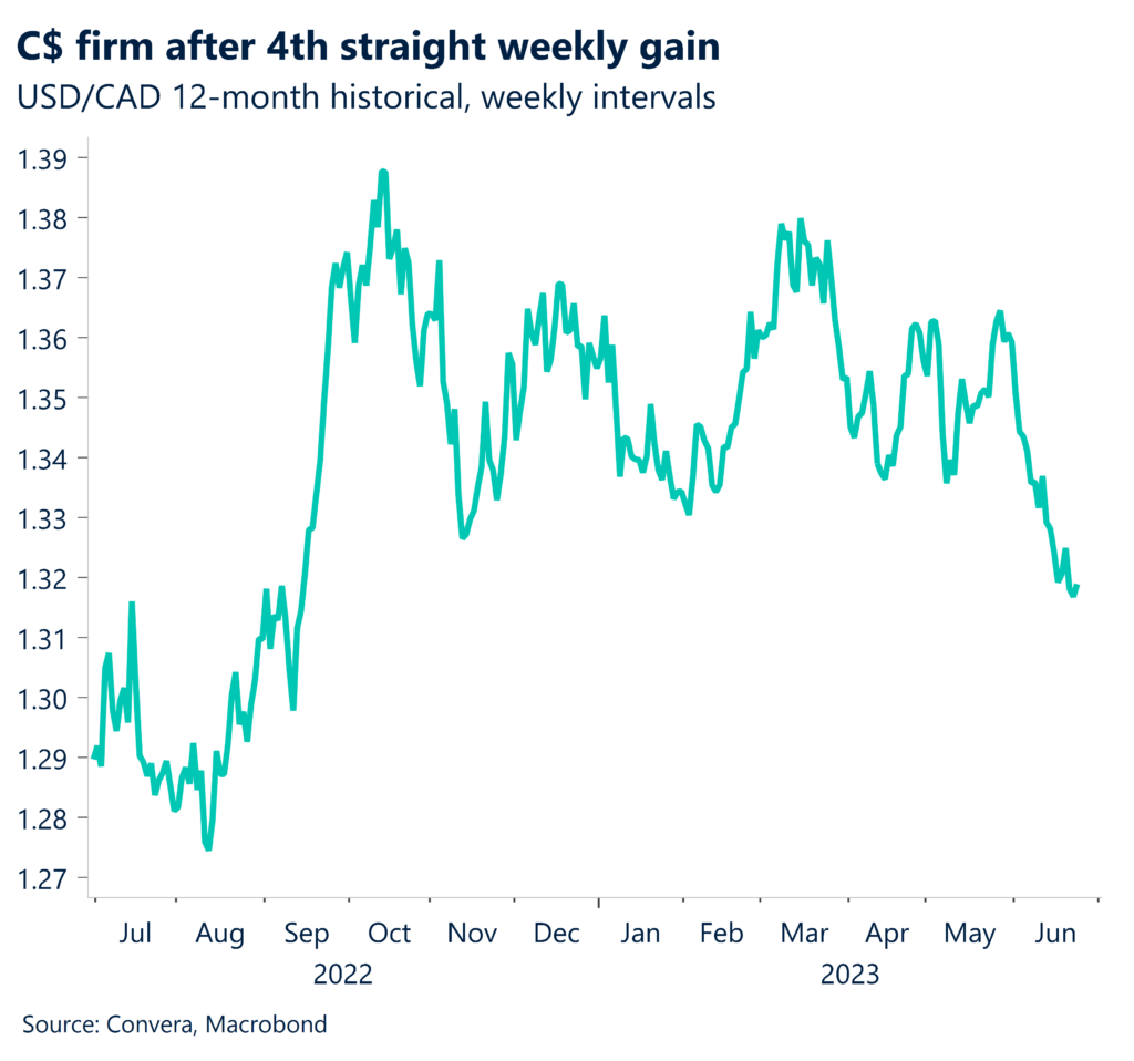 Chart: C$ firm after 4th straight weekly gain. USD/CAD 12-month historical, weekly intervals.