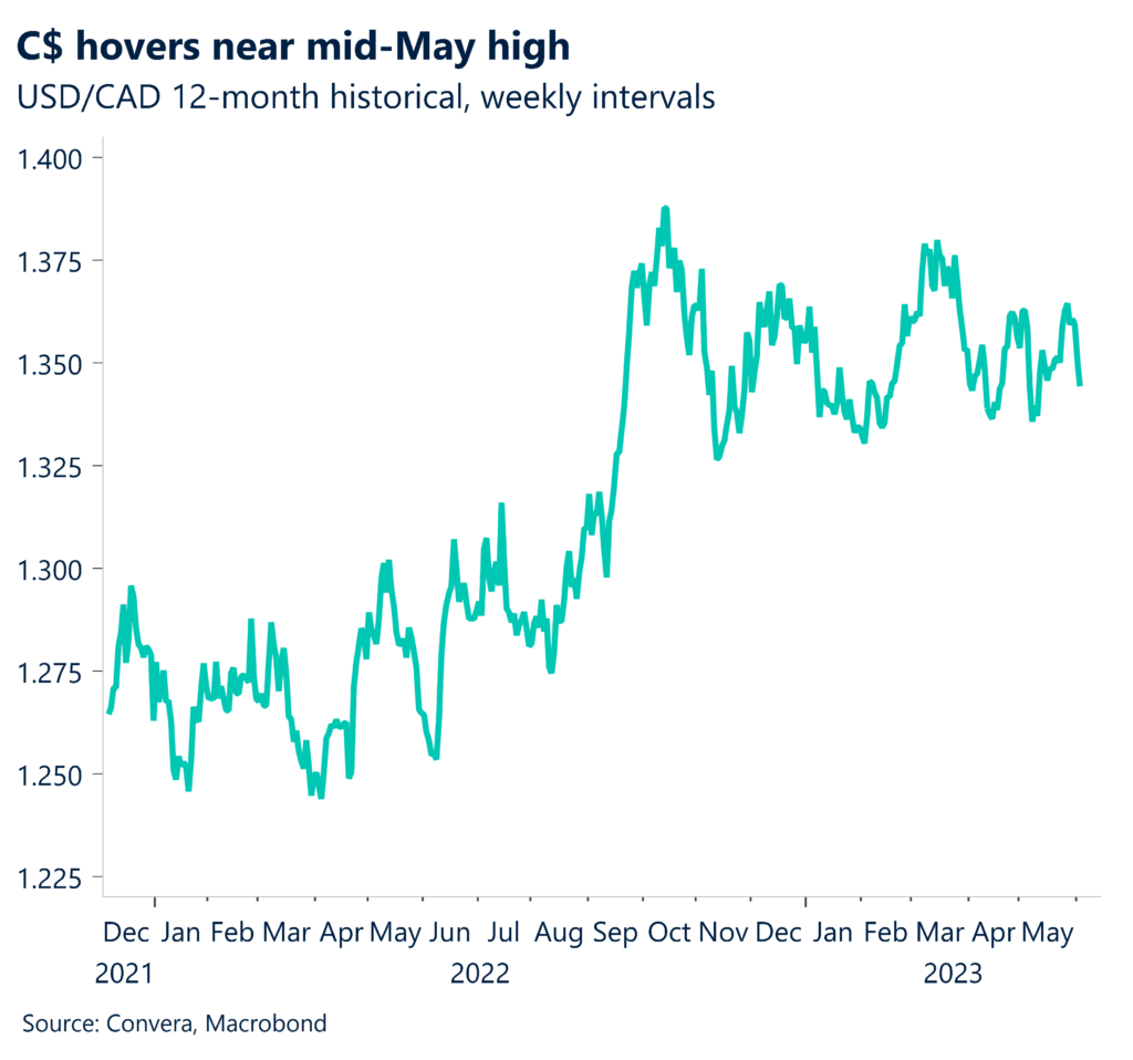 Chart: C$ hovers near mid-May high. USD/CAD 12-month historical, weekly intervals.