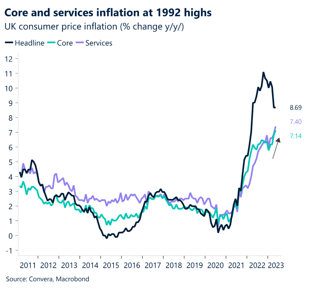Chart: Core and services inflation at 1992 highs. UK consumer price inflation (% change y/y).