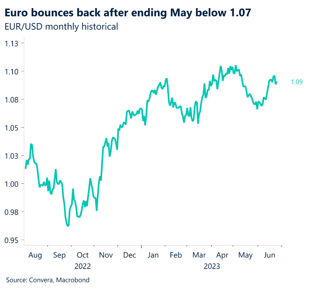 Chart: Euro bounces back after ending May below 1.07. EUR/USD monthly historical.