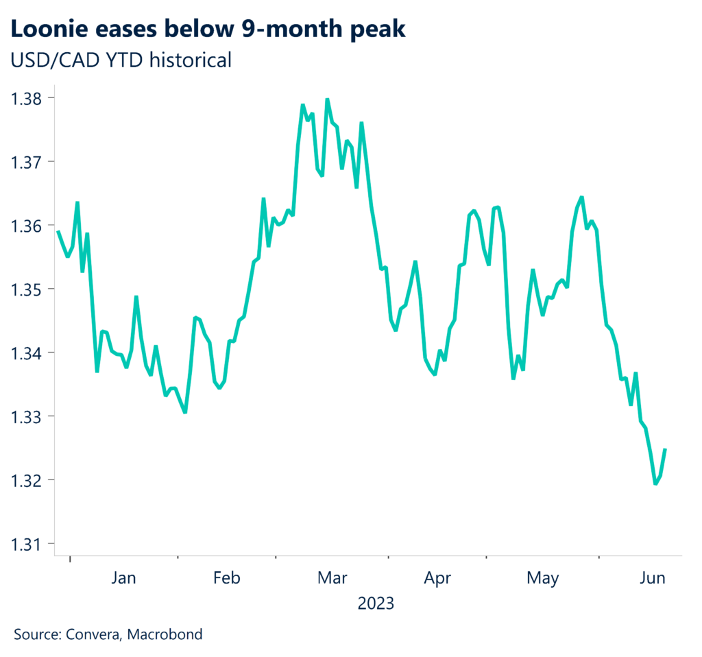 Chart: Loonie eases below 9-month peak. USD/CAD YTD historical.