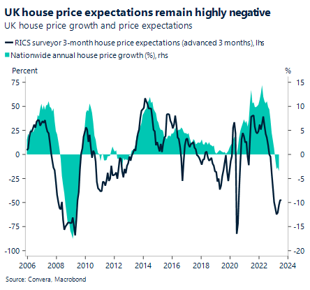 Chart: UK house price expectations remain highly negative. UK house price growth and price expectations.