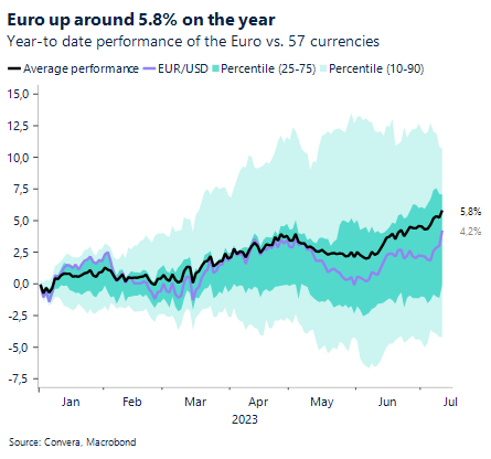 Chart: Euro up around 5.8% on the year. Year-to date performance of the Euro vs. 57 currencies. 