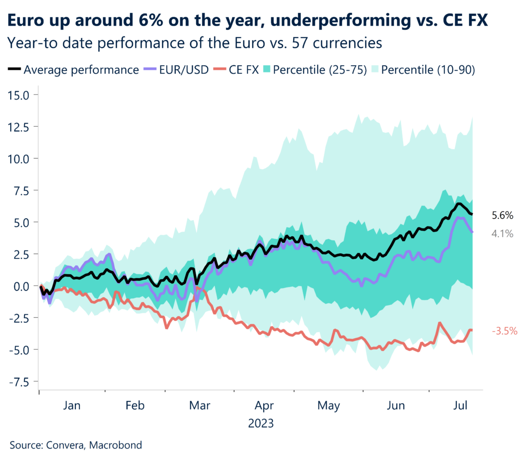 Chart: Euro up around 6% on the year, underperforming vs. CE FX. Year-to date performance of the Euro vs. 57 currencies.