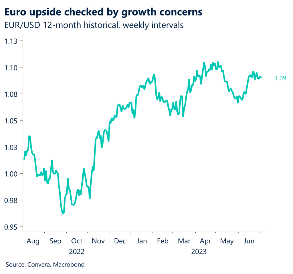 Chart: Euro upside checked by growth concerns. EUR/USD 12-month historical, weekly intervals.