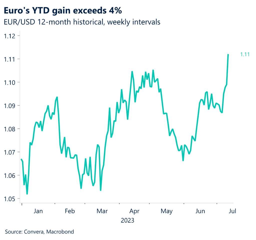 Chart: Euro's YTD gain exceeds 4%. EUR/USD 12-month historical, weekly intervals.