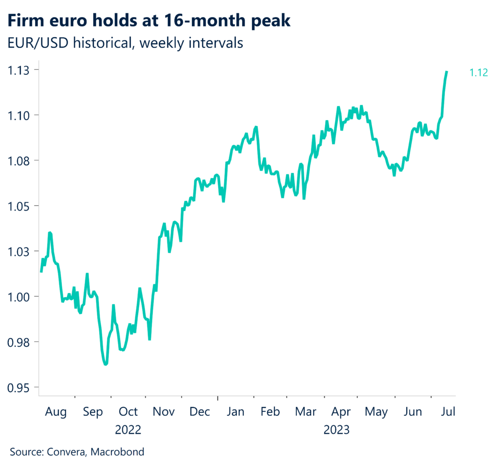 Chart: Firm euro holds at 16-month peak. EUR/USD historical, weekly intervals.
