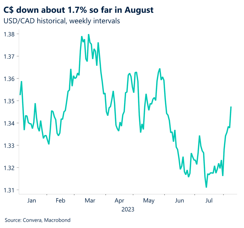 Chart: C$ down about 1.7% so far in August. USD/CAD historical, weekly intervals.
