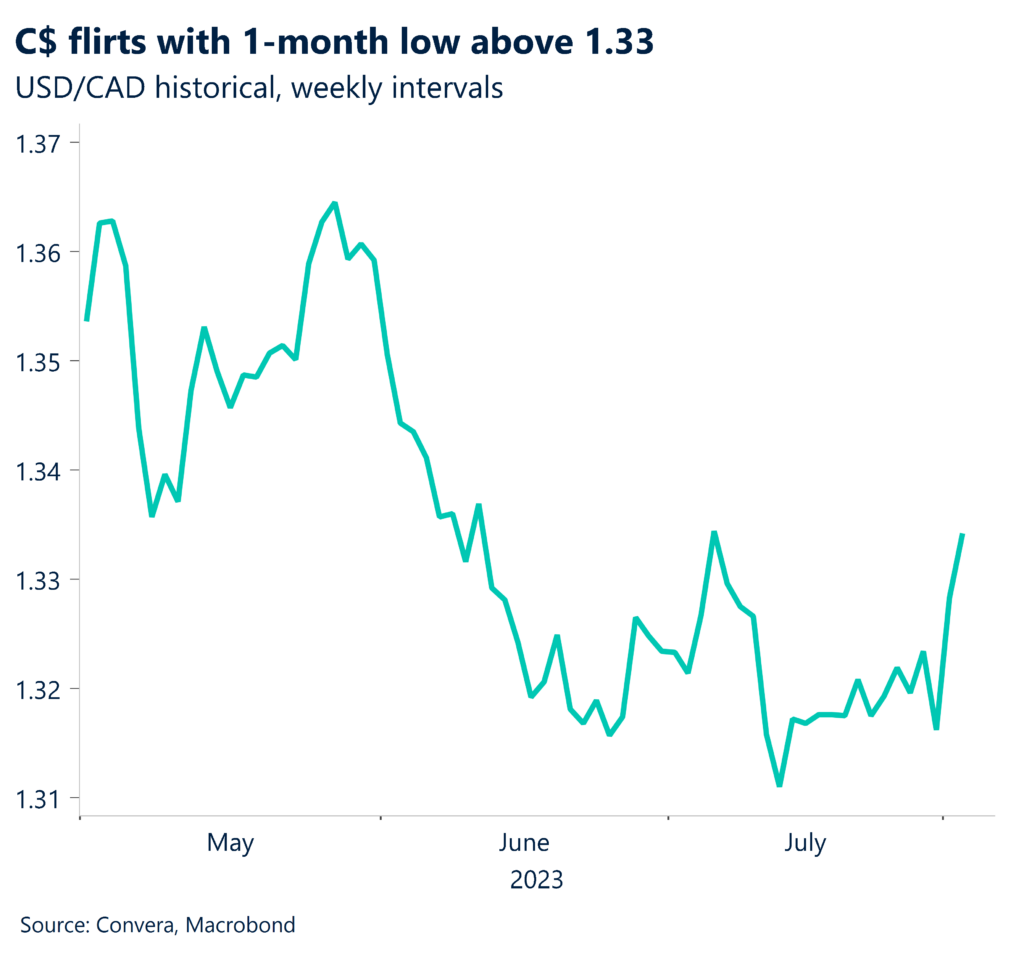 Chart: C$ flirts with 1-month low above 1.33. USD/CAD historical, weekly intervals.