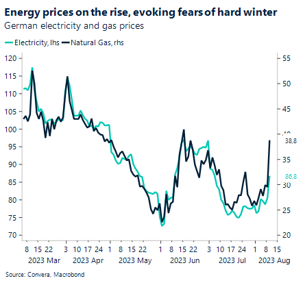 Chart: Energy prices on the rise, evoking fears of hard winter. German electricity and gas prices.