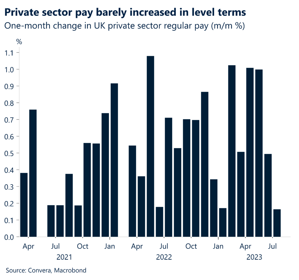 Chart: Private sector pay barely increased in level terms. One-month change in UK private sector regular pay (m/m %). 