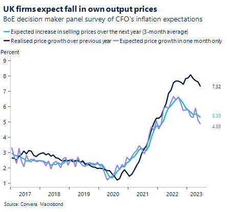 Chart: UK firms expect fall in own output prices. BoE decision maker panel survey of CFO's inflation expectations. 