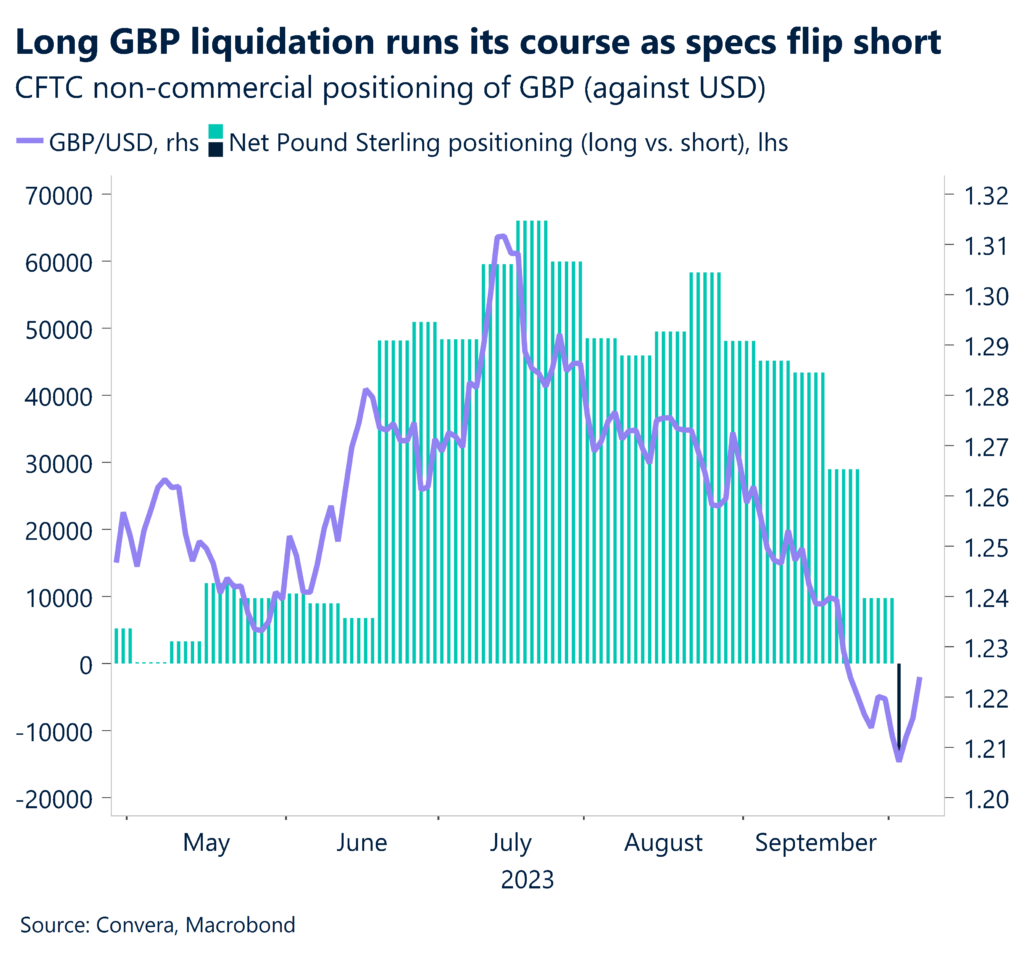 Chart: Long GBP liquidation runs its course as specs flip short. 