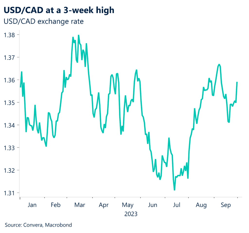 Chart: USD/CAD at a 3-week high. USD/CAD exchange rate. 