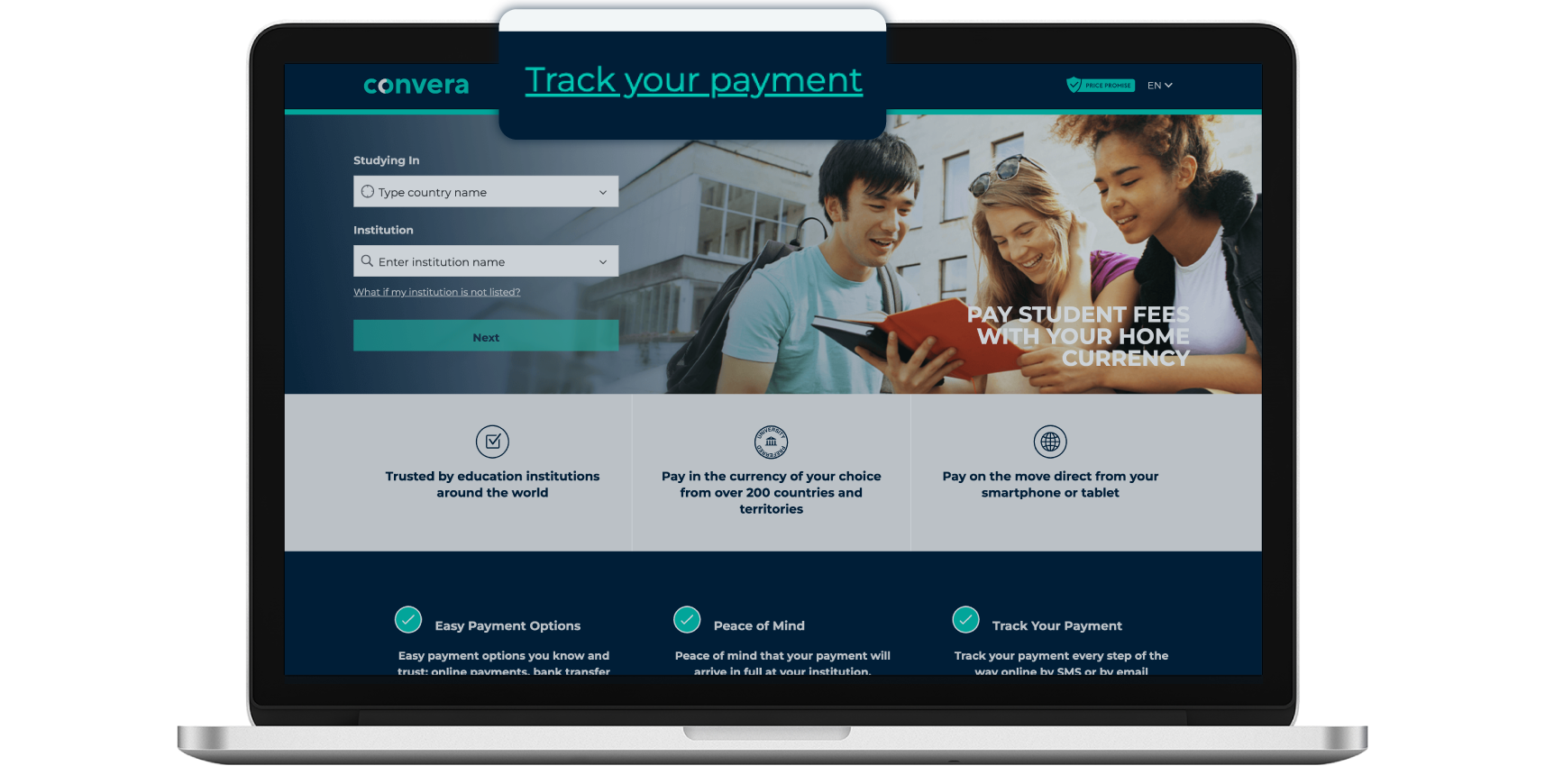 Un ordinateur portable affichant la page de destination de GlobalPay for Students de Convera