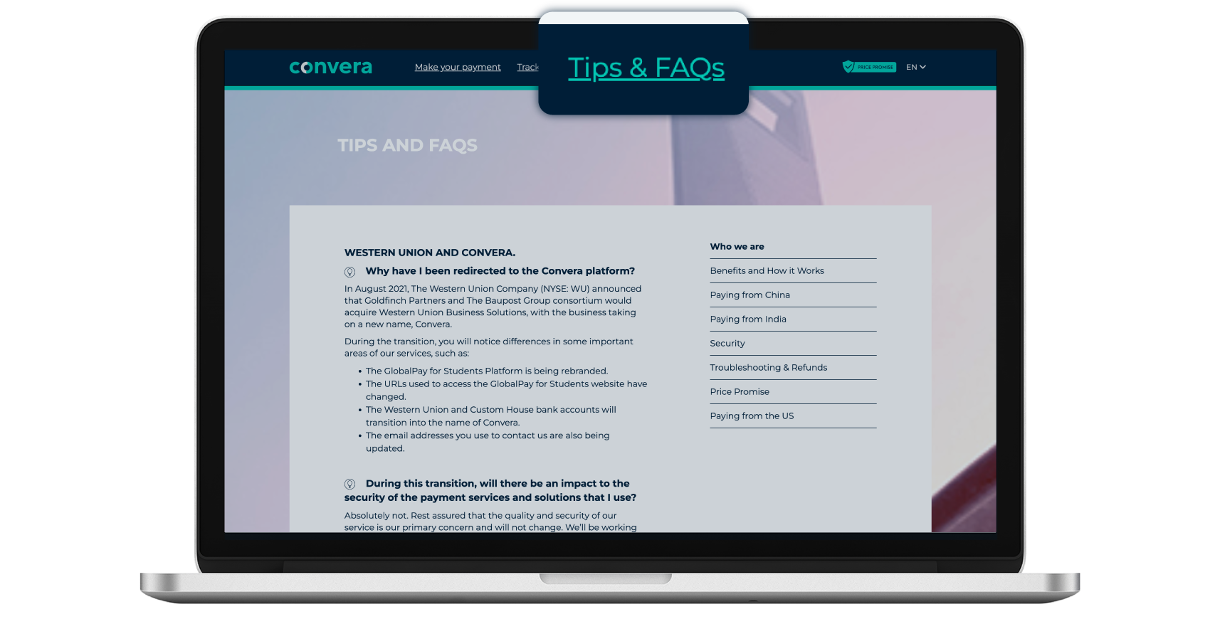 Image montrant la page FAQ dans GlobalPay for Students de Convera