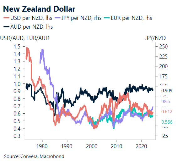 Chart showing NZ dollar against a basket of currencies 1980- 202