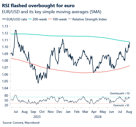 Chart: RSI flashed overbought for euro