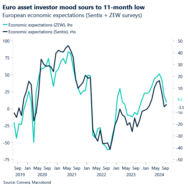 Chart: Euro asset investor mood sours to 11-month low.