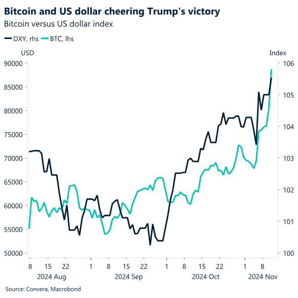 Chart: Bitcoin and US dollar cheering Trump's victory.
