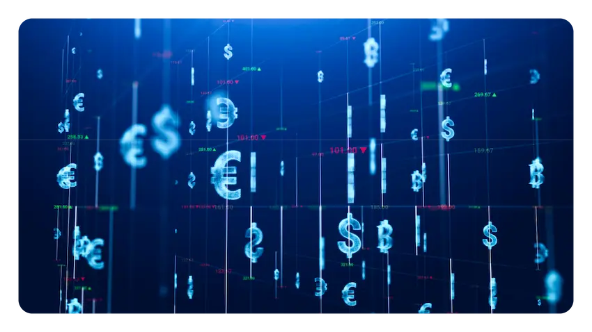 An image of foreign currencies in a digital environment