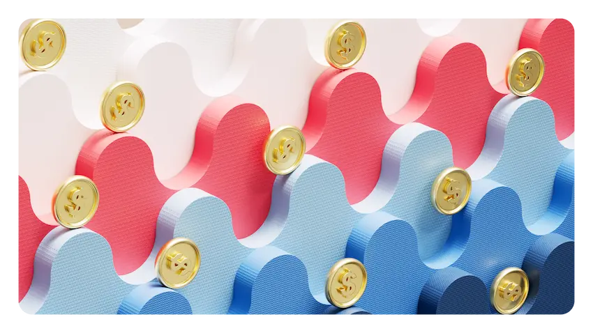An illustration of dollar coins balancing on a crest of waves