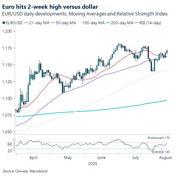 Euro hits 2-week high versus dollar