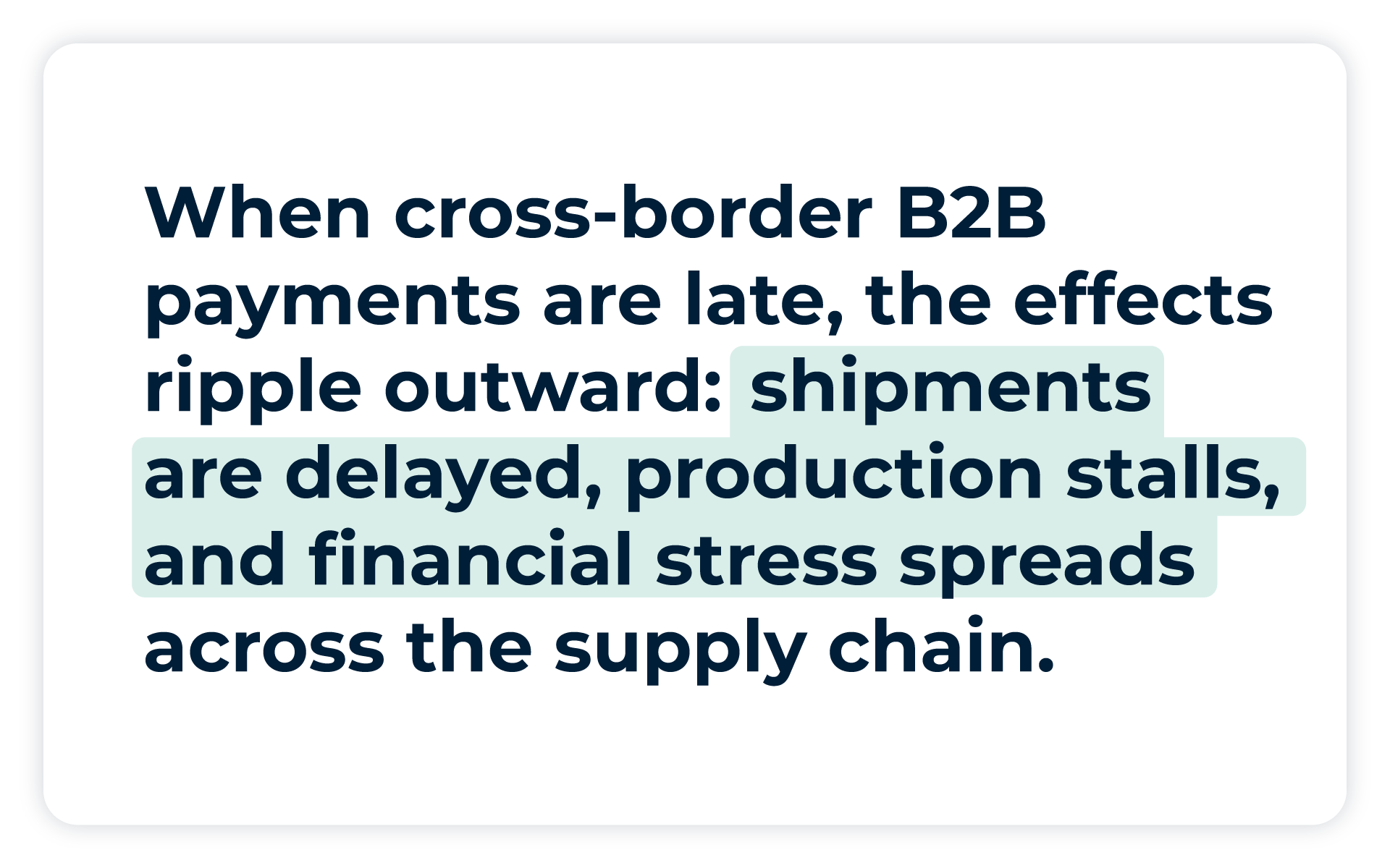 Pullquote: When cross-border B2B payments are late, the effects ripple outward: shipments are delayed, production stalls, and financial stress spreads across the supply chain.